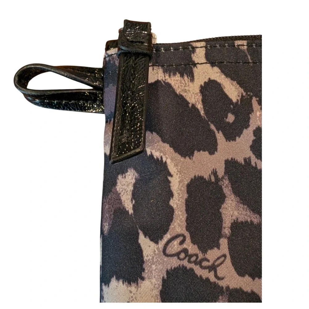 Coach Leopard Print Nylon Cosmetic Pouch Clutch Bag Grey Tan Black Logo Plaque